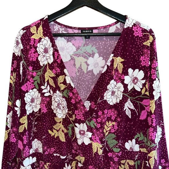 Torrid Sz 2 Studio Knit Faux Wrap Mini Dress Womens 2X (18/20) Wine Pink Floral - Picture 3 of 14